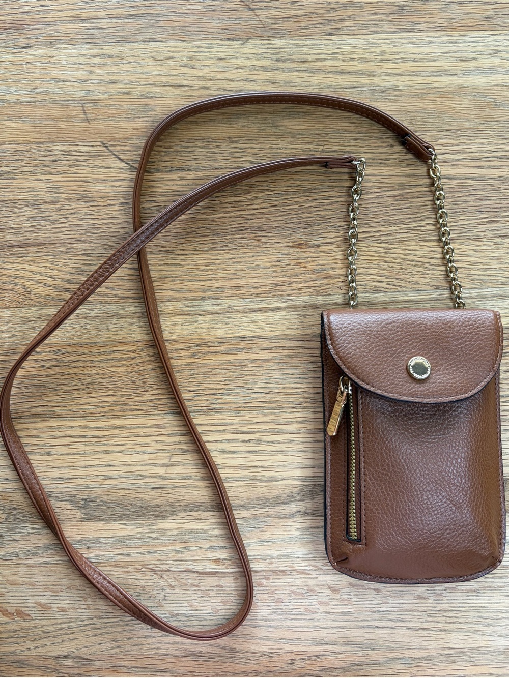 Safe Keeper Brown Leather Crossbody Phone Pouch - Compact Gold Chain Strap